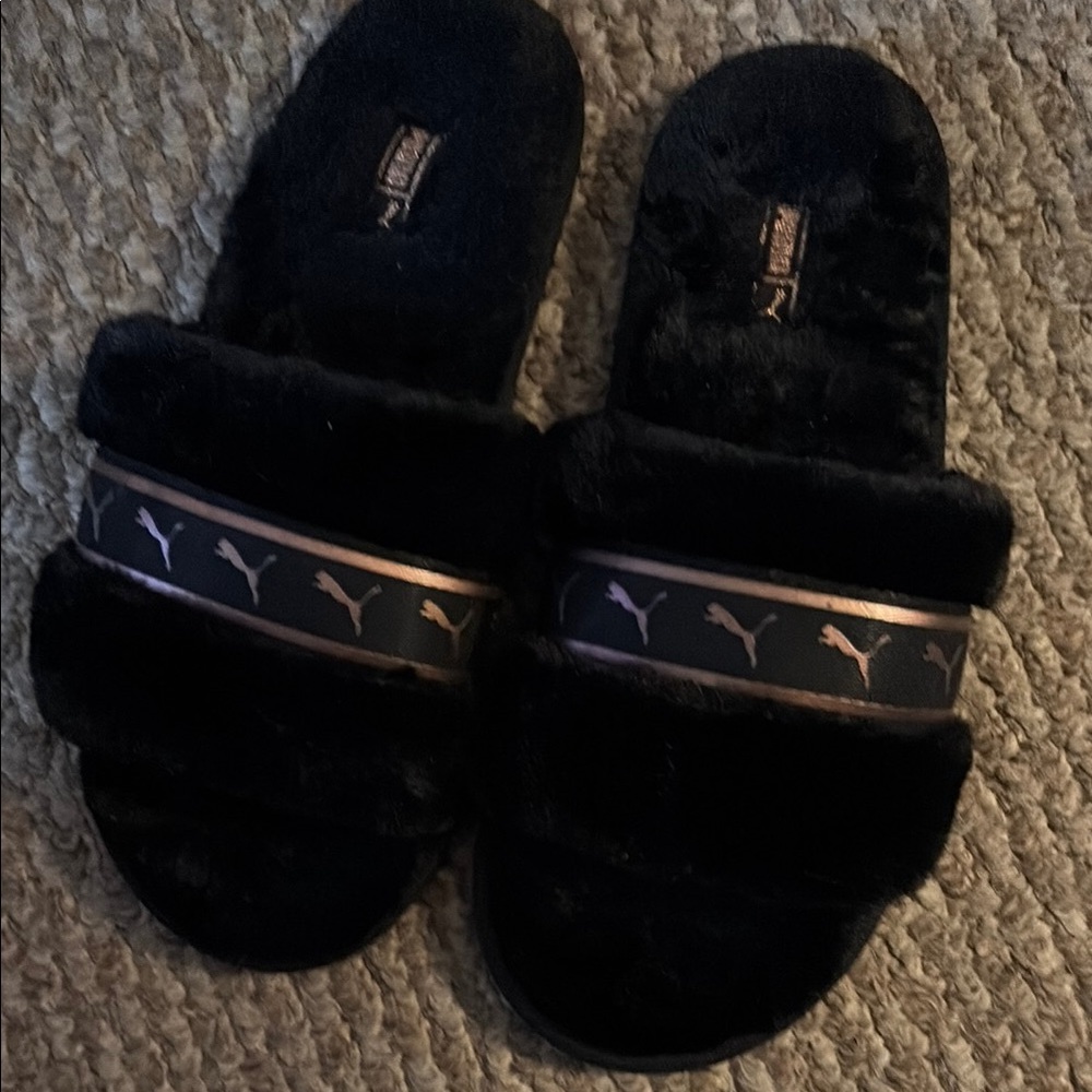 Puma Black Furry Slides